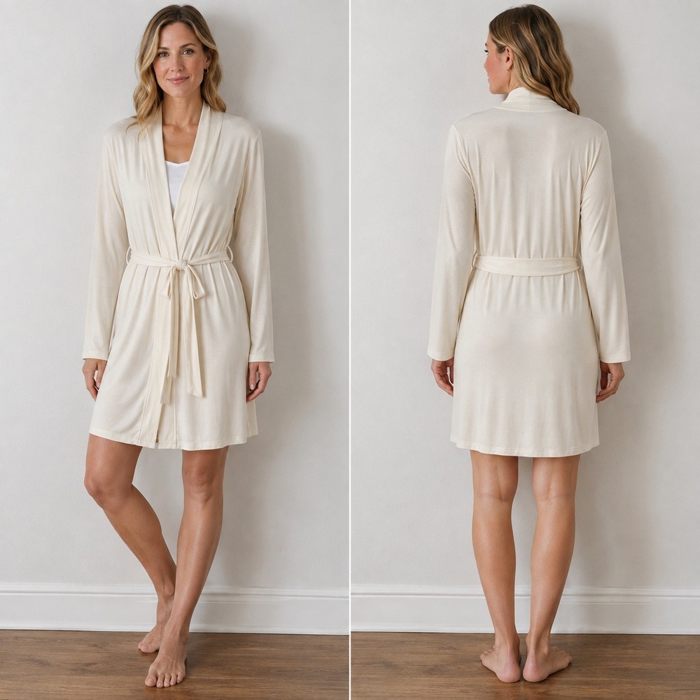 100% Bamboo Jersey Wrap Robe Ivory Women's S/M Lightweight Belted Dressing Gown